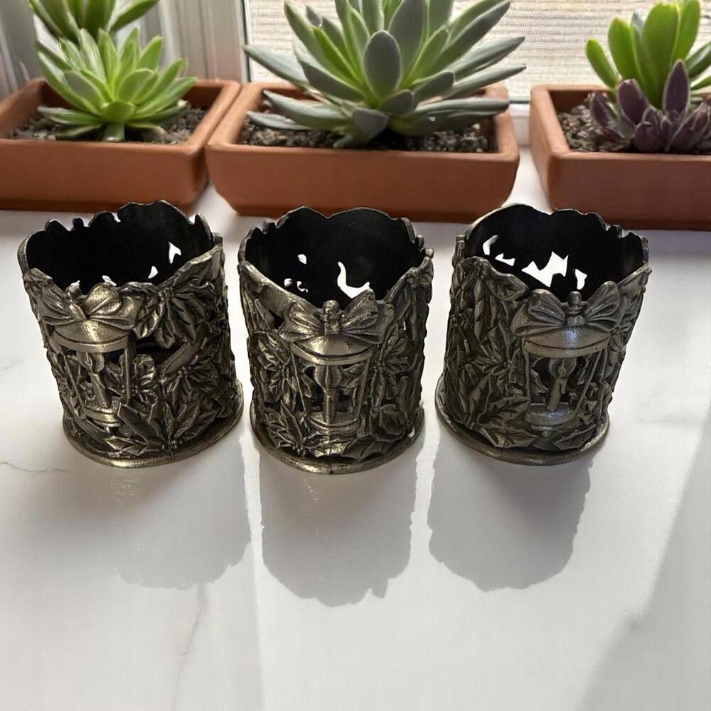 Pewter Candle Holder 2" Pillar Grapevine Cottage Fence Set of 3